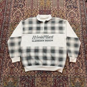 VTG 80s WorldMark Gleneden Beach Quarter Zip Shadow Plaid Sweatshirt XL Grey USA